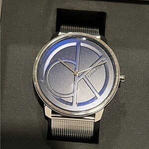 Calvin Klein Silver Mesh Women's Watch with Blue Face - NWT and Box